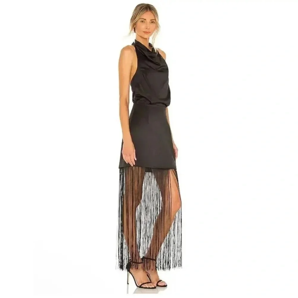 ELLIATT x Revolve Beatrice Halterneck Draped Neckline Fringe Black Dress Size S - Picture 3 of 16